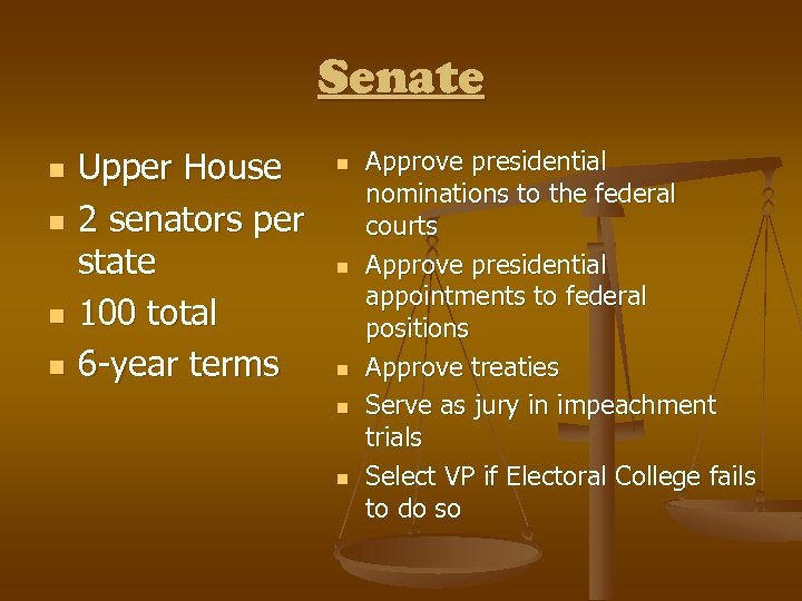 Senate n n Upper House 2 senators per state 100 total 6 -year terms