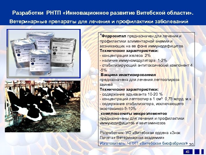 Разработки РНТП «Инновационное развитие Витебской области» . Ветеринарные препараты для лечения и профилактики заболеваний