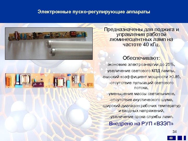 Электронные пуско-регулирующие аппараты Предназначены для поджига и управления работой люминесцентных ламп на частоте 40