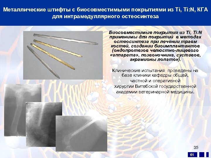 Металлические штифты с биосовместимыми покрытиями из Ti, Ti: N, КГА для интрамедуллярного остеосинтеза Биосовместимые