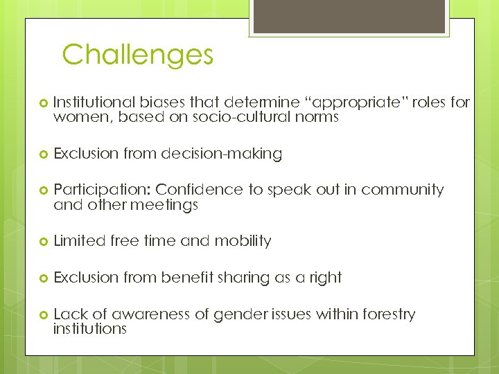 Challenges Institutional biases that determine “appropriate” roles for women, based on socio-cultural norms Exclusion