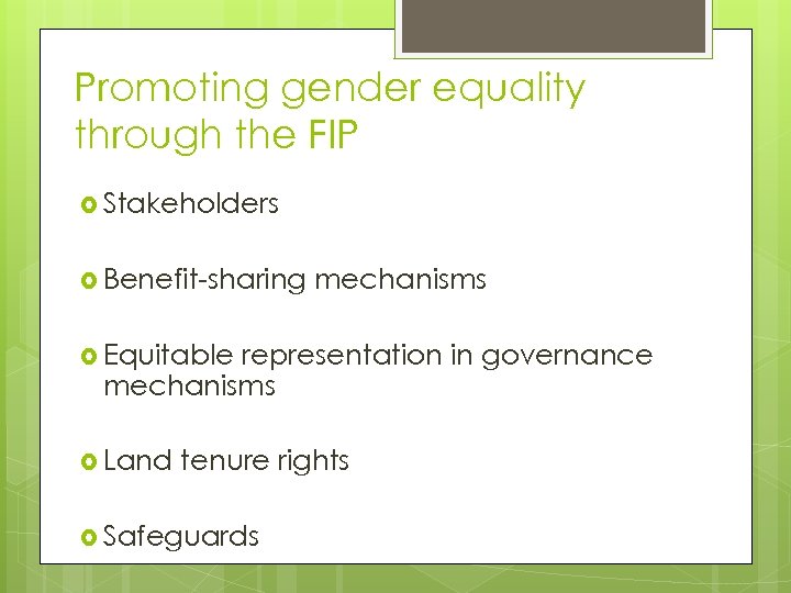 Promoting gender equality through the FIP Stakeholders Benefit-sharing mechanisms Equitable representation in governance mechanisms