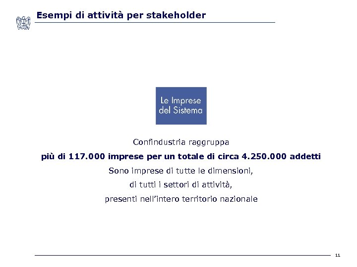 Esempi di attività per stakeholder Confindustria raggruppa più di 117. 000 imprese per un