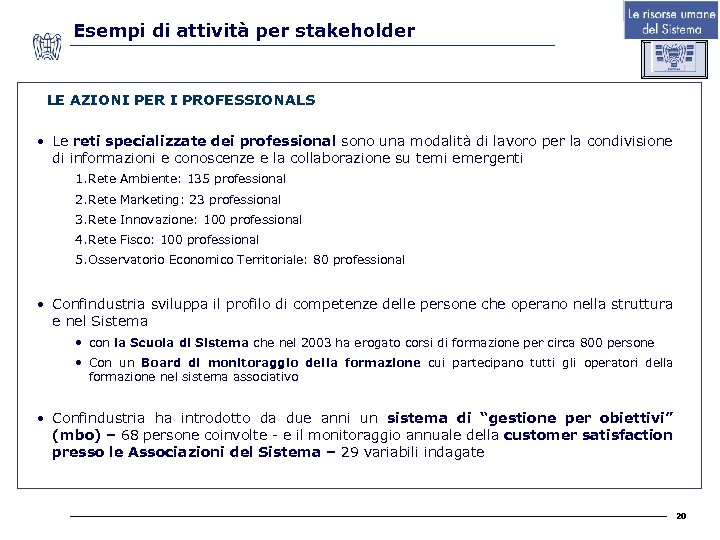 Esempi di attività per stakeholder LE AZIONI PER I PROFESSIONALS • Le reti specializzate