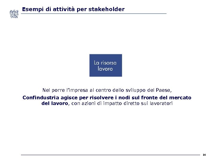 Esempi di attività per stakeholder Nel porre l’impresa al centro dello sviluppo del Paese,