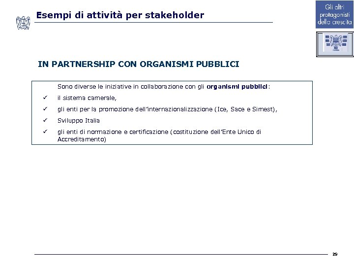 Esempi di attività per stakeholder IN PARTNERSHIP CON ORGANISMI PUBBLICI Sono diverse le iniziative