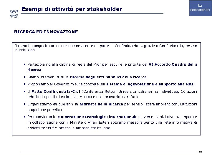 Esempi di attività per stakeholder RICERCA ED INNOVAZIONE Il tema ha acquisito un’attenzione crescente