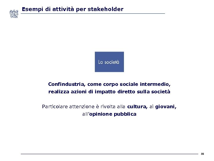 Esempi di attività per stakeholder Confindustria, come corpo sociale intermedio, realizza azioni di impatto