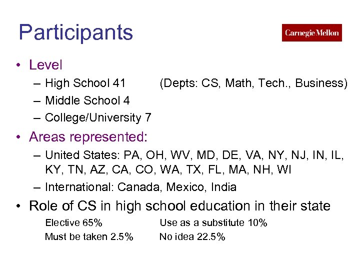 Participants • Level – High School 41 (Depts: CS, Math, Tech. , Business) –