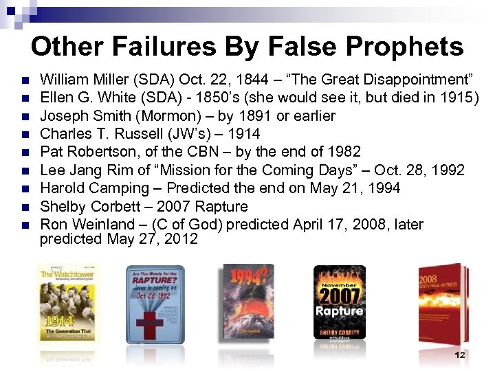 Other Failures By False Prophets n n n n n William Miller (SDA) Oct.