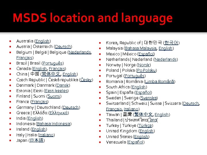 MSDS location and language Australia (English) Austria | Österreich (Deutsch) Belgium | België |