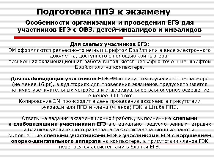 Подготовка ППЭ к экзамену Особенности организации и проведения ЕГЭ для участников ЕГЭ с ОВЗ,