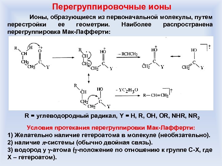 Перегруппировочные ионы Ионы, образующиеся из первоначальной молекулы, путем перестройки ее геометрии. Наиболее распространена перегруппировка