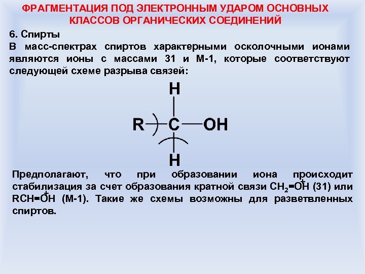 ФРАГМЕНТАЦИЯ ПОД ЭЛЕКТРОННЫМ УДАРОМ ОСНОВНЫХ КЛАССОВ ОРГАНИЧЕСКИХ СОЕДИНЕНИЙ 6. Спирты В масс-спектрах спиртов характерными