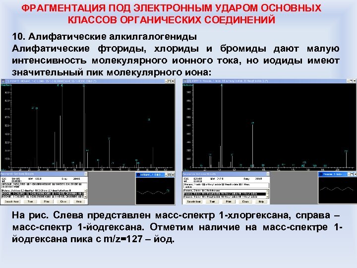 ФРАГМЕНТАЦИЯ ПОД ЭЛЕКТРОННЫМ УДАРОМ ОСНОВНЫХ КЛАССОВ ОРГАНИЧЕСКИХ СОЕДИНЕНИЙ 10. Алифатические алкилгалогениды Алифатические фториды, хлориды