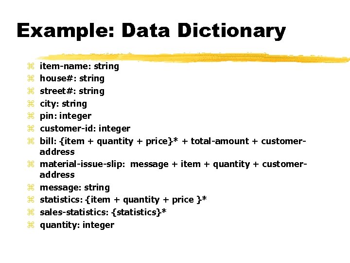 Example: Data Dictionary z z z item-name: string house#: string street#: string city: string