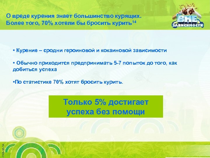 О вреде курения знает большинство курящих. Более того, 70% хотели бы бросить курить14 •