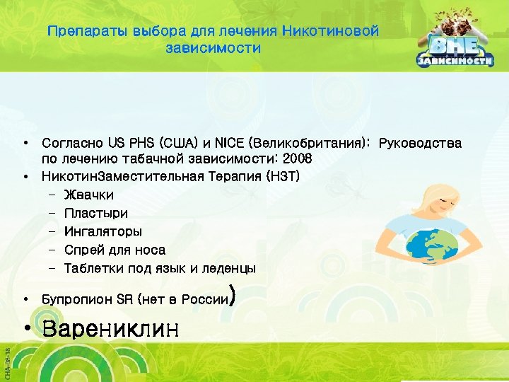 Препараты выбора для лечения Никотиновой зависимости • • • Согласно US PHS (США) и