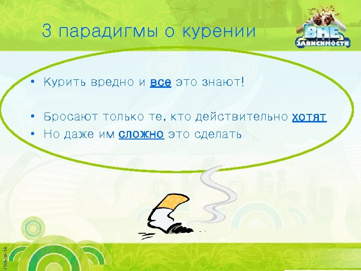 3 парадигмы о курении • Курить вредно и все это знают! • Бросают только