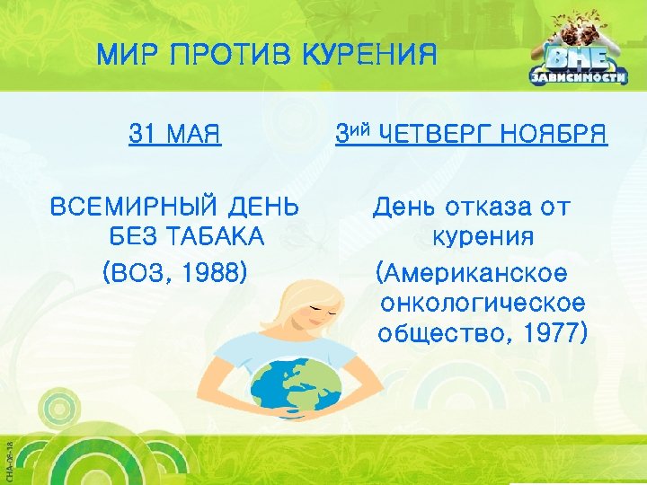 МИР ПРОТИВ КУРЕНИЯ 31 МАЯ ВСЕМИРНЫЙ ДЕНЬ БЕЗ ТАБАКА (ВОЗ, 1988) 3 ий ЧЕТВЕРГ