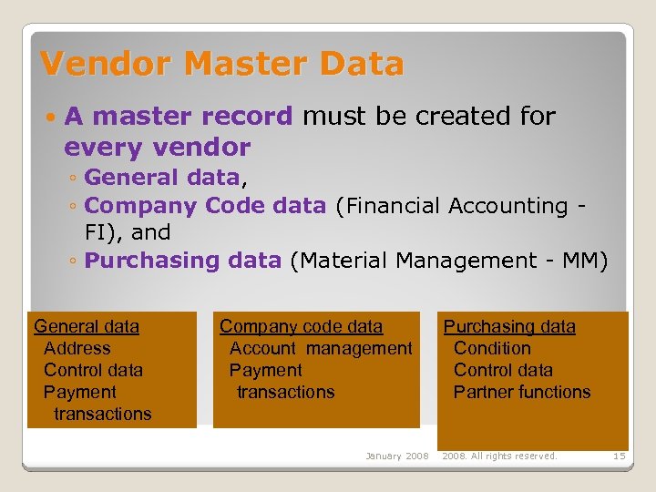 Vendor Master Data A master record must be created for every vendor ◦ General