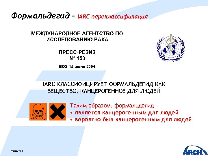 Формальдегид – IARC переклассификация МЕЖДУНАРОДНОЕ АГЕНТСТВО ПО ИССЛЕДОВАНИЮ РАКА ПРЕСС-РЕЗИЗ N° 153 ВОЗ 15