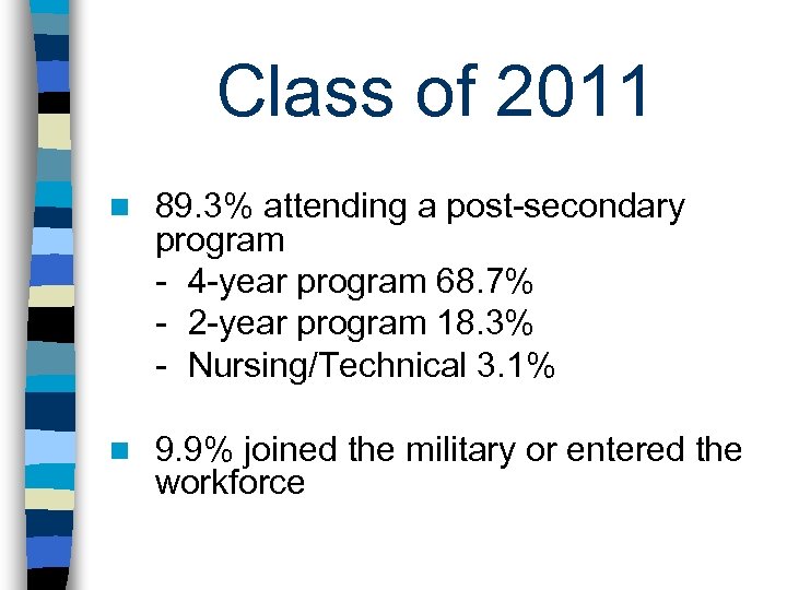 Class of 2011 n 89. 3% attending a post-secondary program - 4 -year program