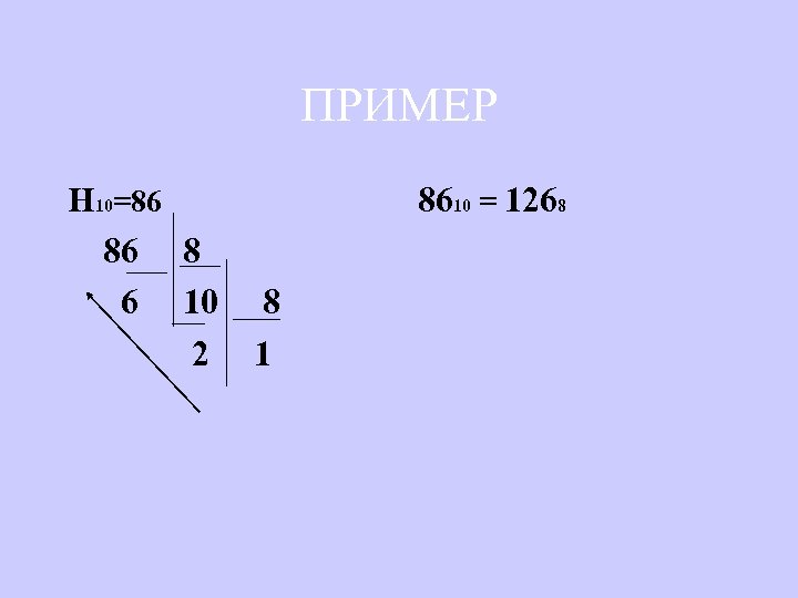 ПРИМЕР Н 10=86 8610 = 1268 86 8 6 10 8 2 1 