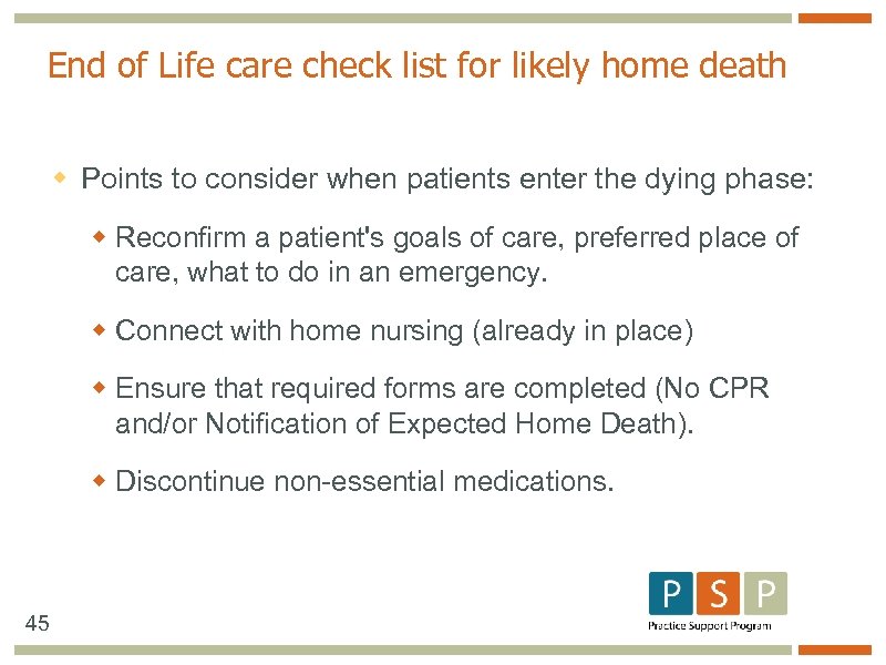 End of Life care check list for likely home death w Points to consider