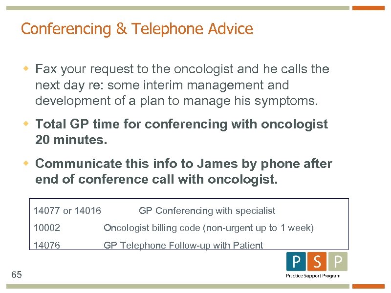 Conferencing & Telephone Advice w Fax your request to the oncologist and he calls
