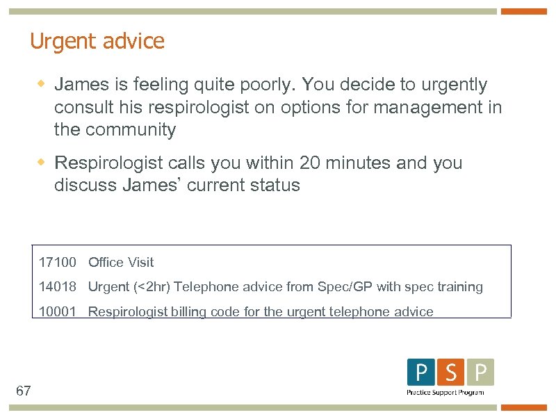 Urgent advice w James is feeling quite poorly. You decide to urgently consult his