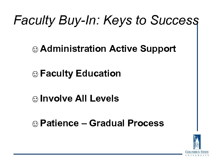 Faculty Buy-In: Keys to Success ☺Administration Active Support ☺Faculty Education ☺Involve All Levels ☺Patience