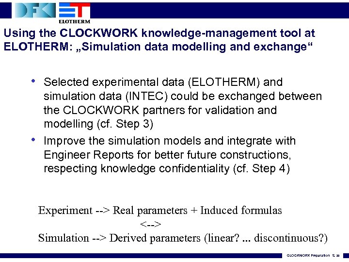 Using the CLOCKWORK knowledge-management tool at ELOTHERM: „Simulation data modelling and exchange“ • Selected