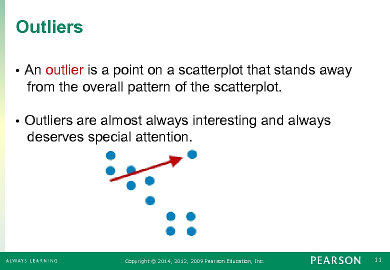 Outliers An outlier is a point on a scatterplot that stands away from the