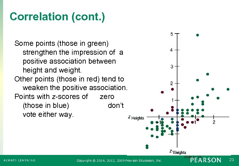 Correlation (cont. ) Some points (those in green) strengthen the impression of a positive