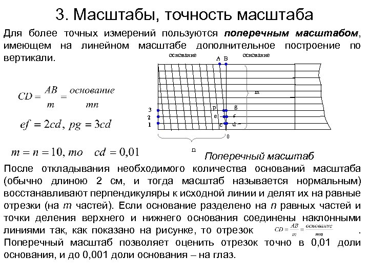 3. Масштабы, точность масштаба Для более точных измерений пользуются поперечным масштабом, имеющем на линейном