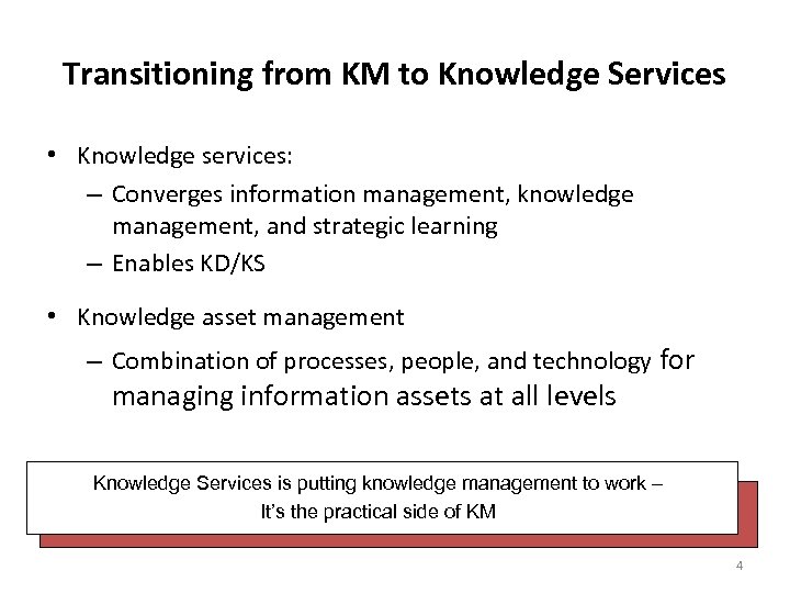 Transitioning from KM to Knowledge Services • Knowledge services: – Converges information management, knowledge