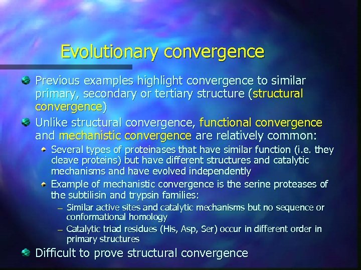 Evolutionary convergence Previous examples highlight convergence to similar primary, secondary or tertiary structure (structural