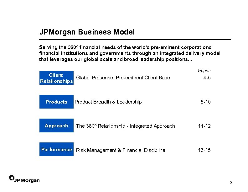 JPMorgan Business Model Serving the 360 o financial needs of the world's pre-eminent corporations,