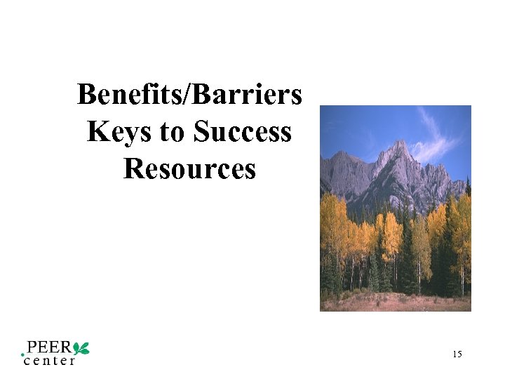 Benefits/Barriers Keys to Success Resources 15 