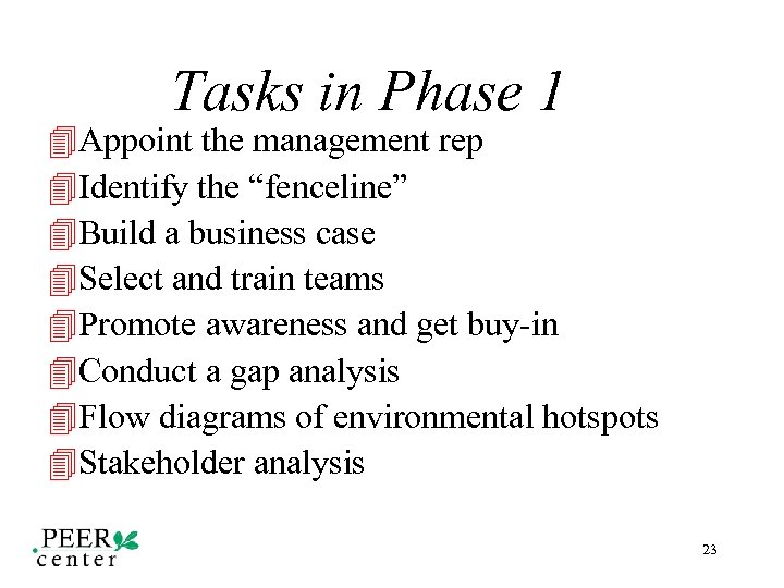 Tasks in Phase 1 4 Appoint the management rep 4 Identify the “fenceline” 4