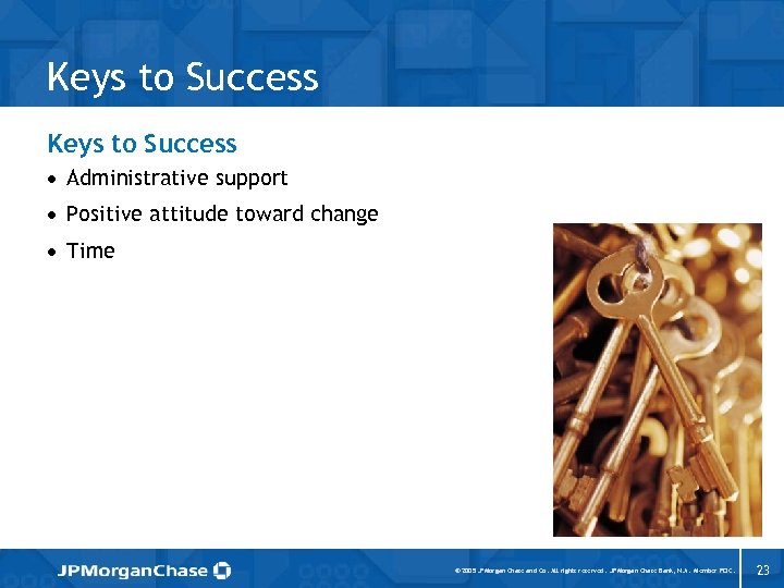 Keys to Success · Administrative support · Positive attitude toward change · Time ©