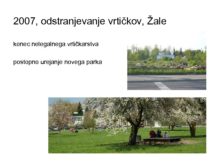 2007, odstranjevanje vrtičkov, Žale konec nelegalnega vrtičkarstva postopno urejanje novega parka 