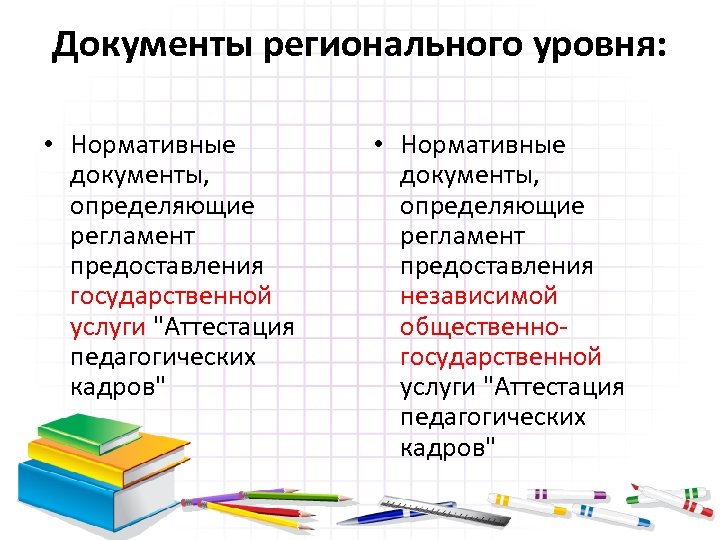 Документы регионального уровня: • Нормативные документы, определяющие регламент предоставления государственной услуги 