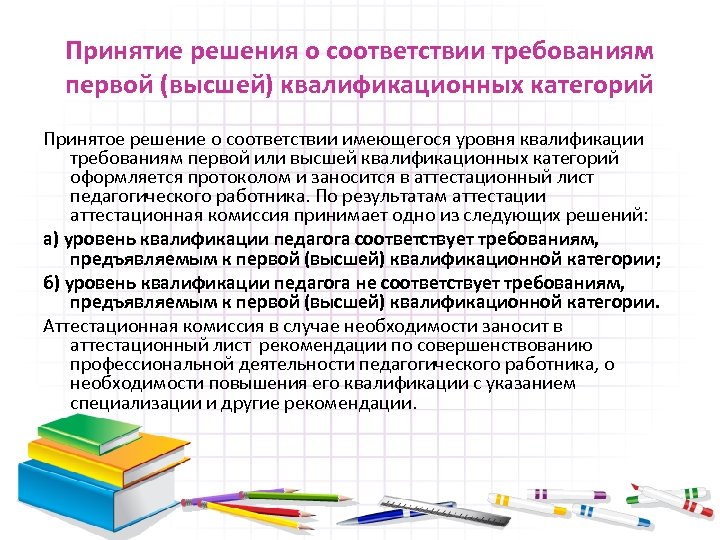 Принятие решения о соответствии требованиям первой (высшей) квалификационных категорий Принятое решение о соответствии имеющегося