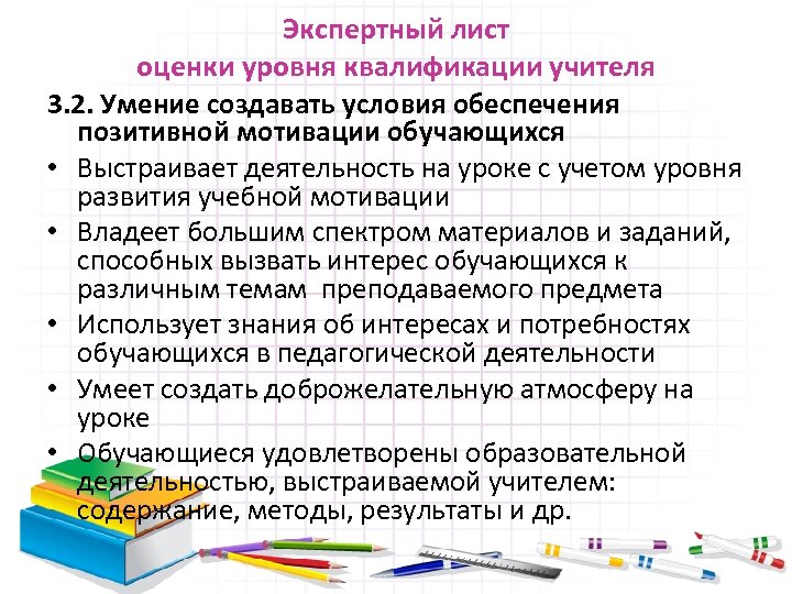 Экспертный лист оценки уровня квалификации учителя 3. 2. Умение создавать условия обеспечения позитивной мотивации