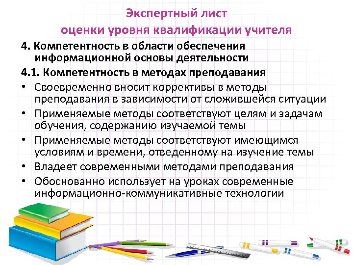 Экспертный лист оценки уровня квалификации учителя 4. Компетентность в области обеспечения информационной основы деятельности