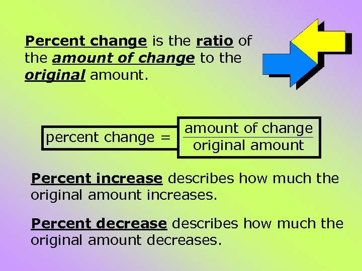 Percent change is the ratio of the amount of change to the original amount