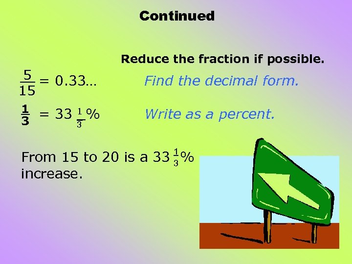 Continued Reduce the fraction if possible. 5 = 0. 33… 15 Find the decimal