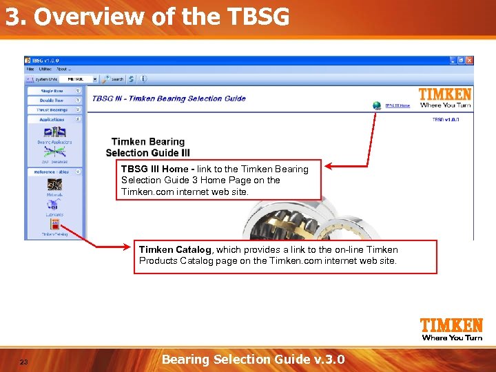 3. Overview of the TBSG III Home - link to the Timken Bearing Selection